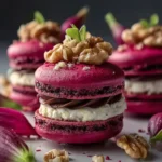 Savory Beet Macarons with Goat Cheese Walnut Crunch First Image