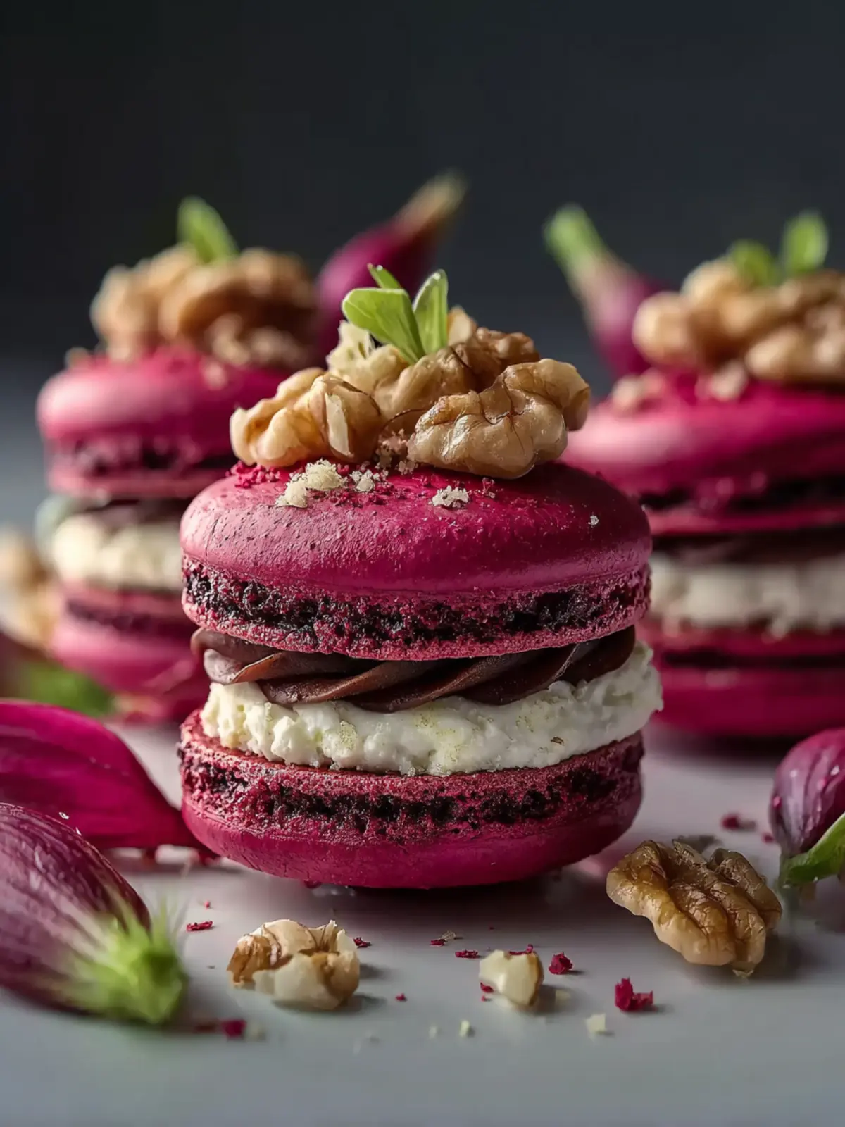 Savory Beet Macarons with Goat Cheese Walnut Crunch First Image