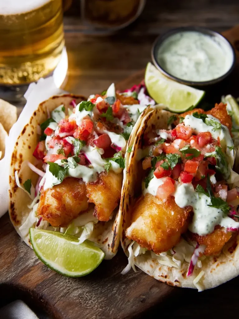 Crispy Beer Battered Baja Fish Tacos with Creamy Cilantro Sauce First Image